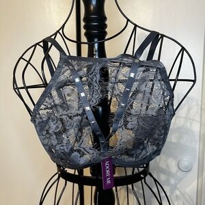 Adore Me Size 34D Emmeline Unlined Plunge Bra Lace High Neck Sexy Gray New NWT